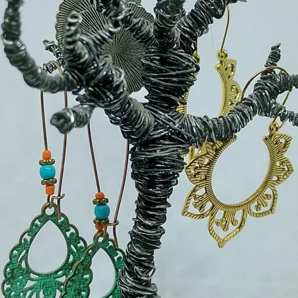 SALE! 3 PAIR EARRINGS, Ethnic SILVERY, BRONZE, PATINATED Blue Bunny BOHO BAUBLES - Picture 6 of 10